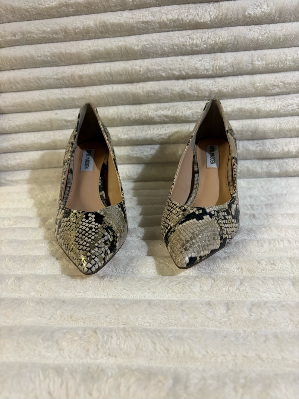 Steve Madden Snake-Print Pointed Toe Pumps in Beige and Black